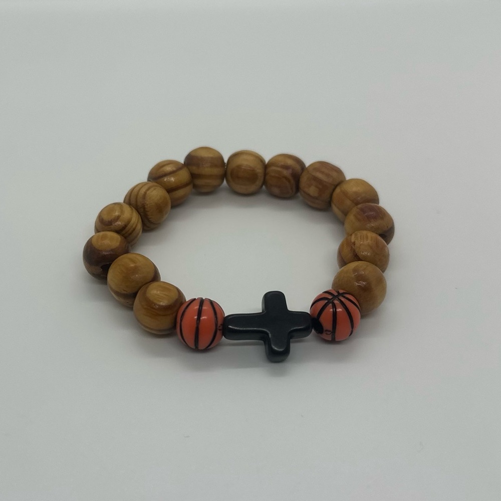 Wooden Bead Bracelet with Black Cross and Orange Accents